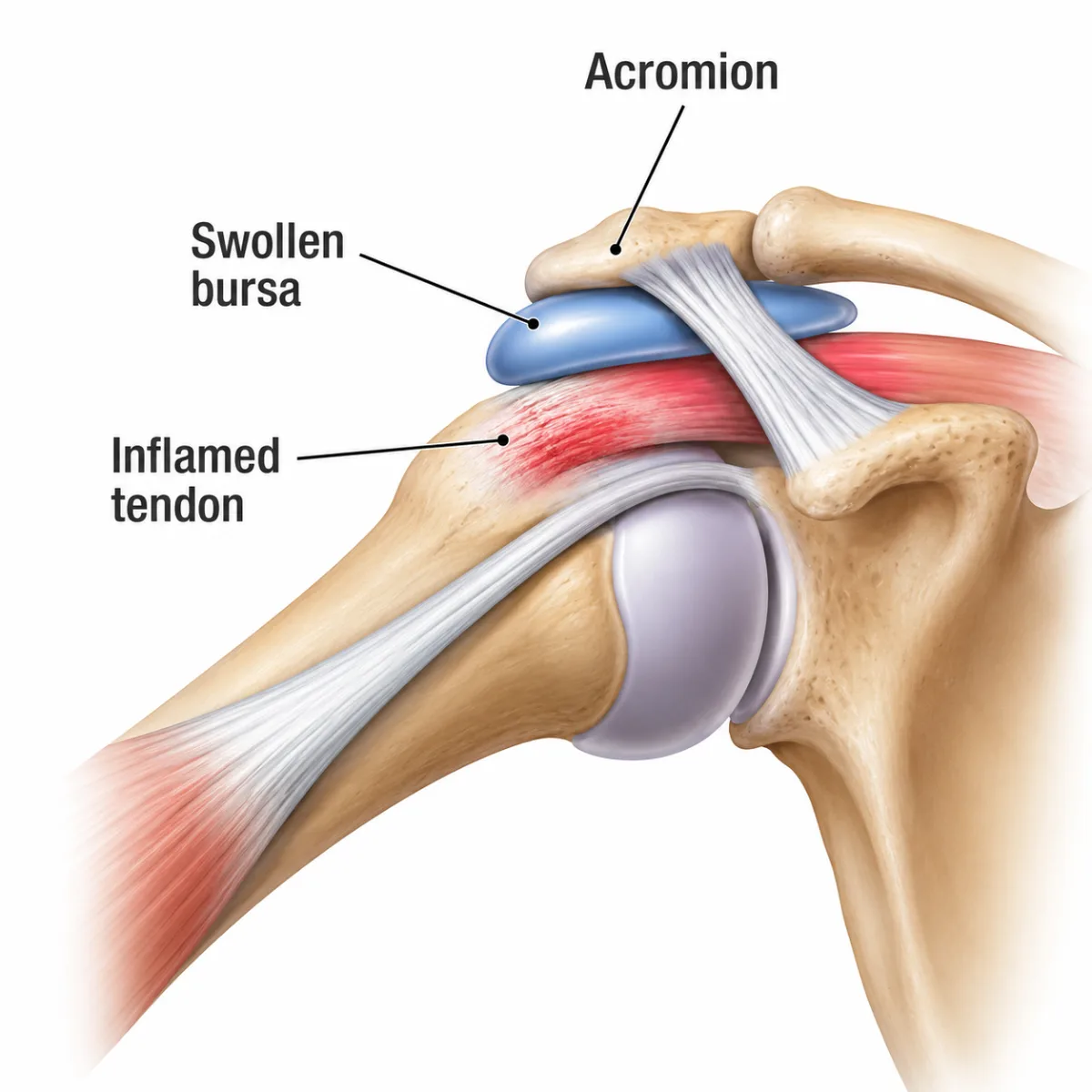 Patient-friendly medical illustration showing rotator cuff tendinopathy and inflammation of the subacromial bursa beneath the acromion