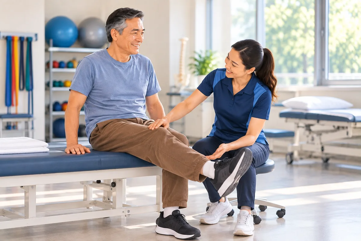 Physiotherapist checking a smiling patient’s knee in a bright treatment room