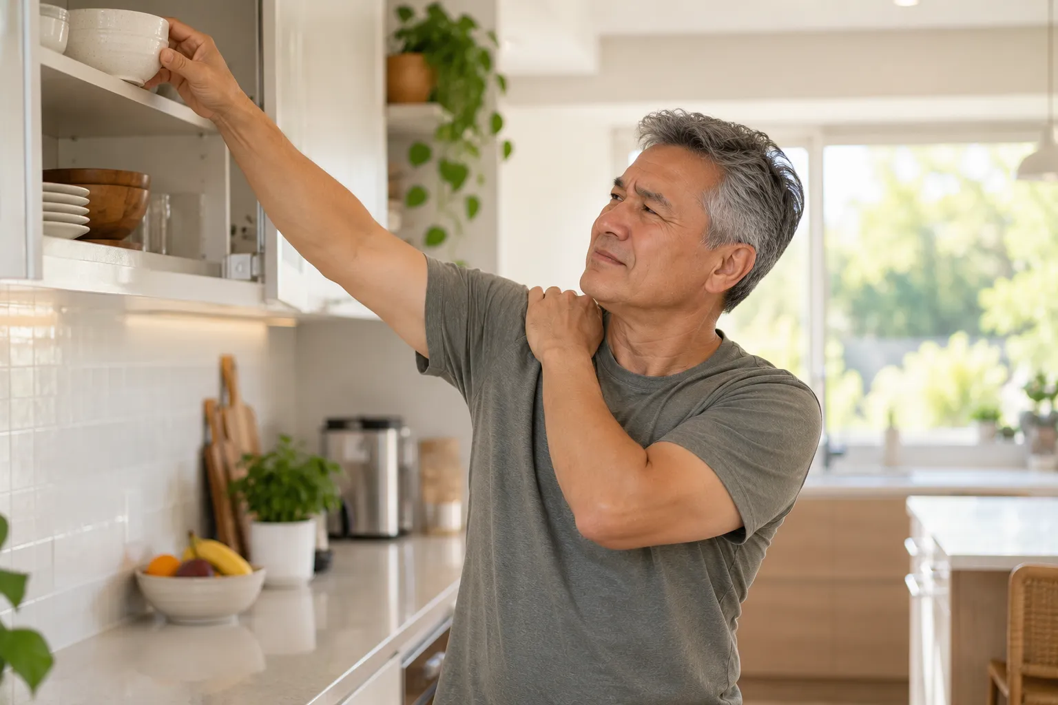 Man in a kitchen reaching up to a cupboard while holding his sore shoulder