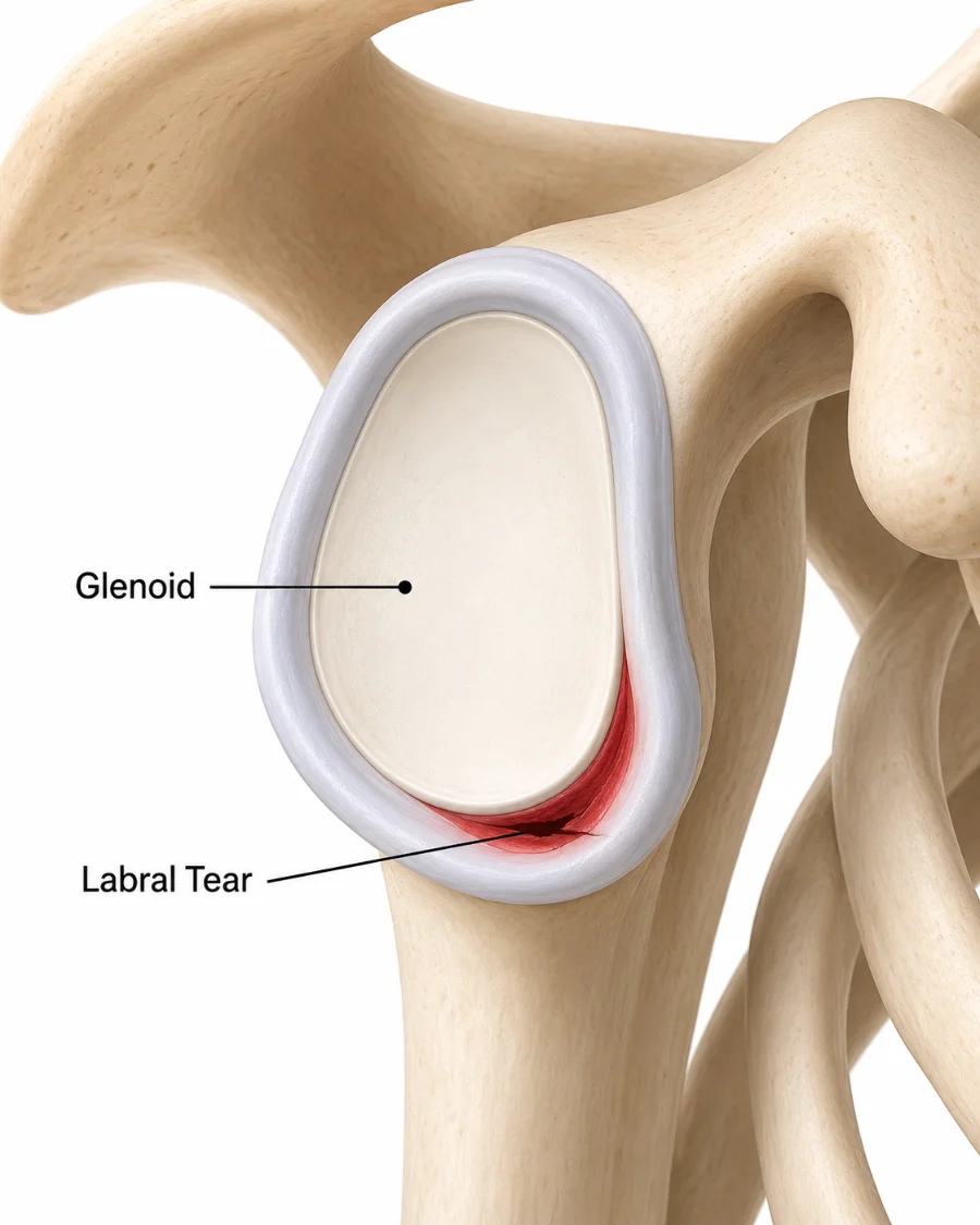 Illustration of the shoulder socket showing a labral tear at the front and lower edge after dislocation