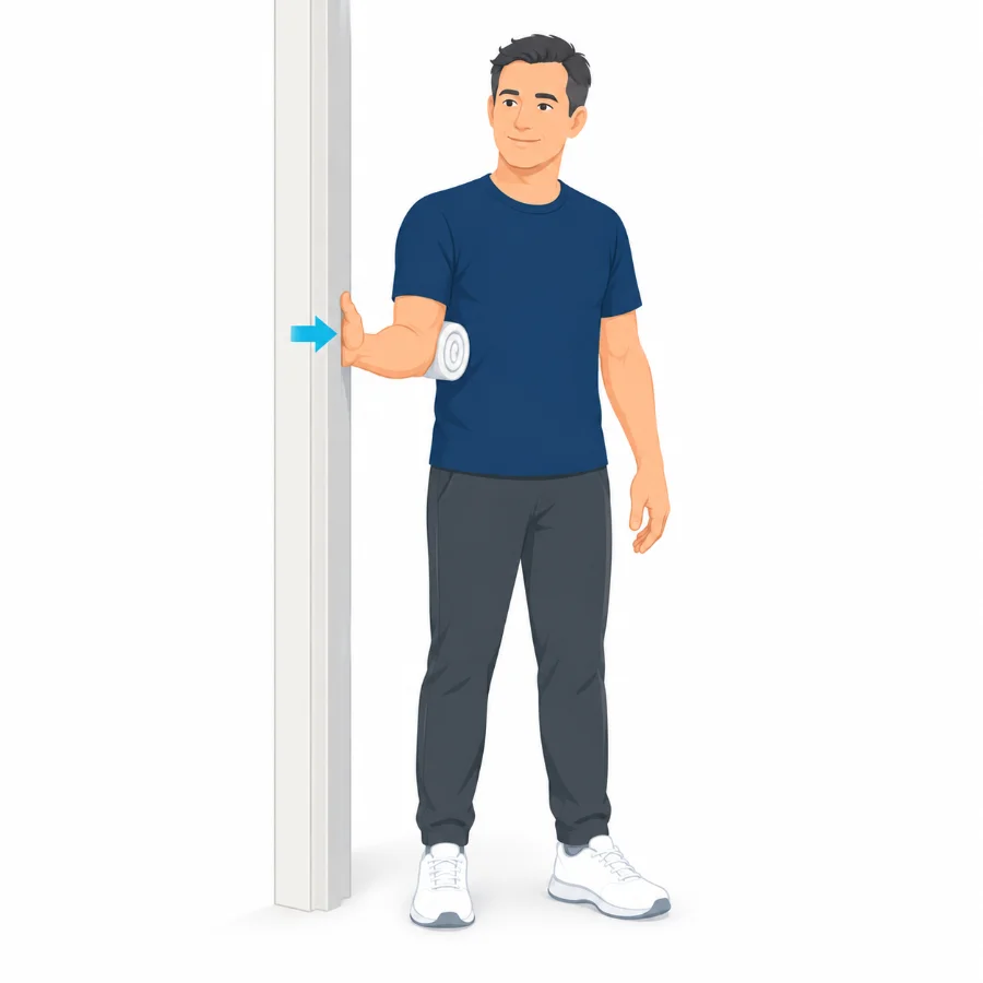 Standing beside a wall pressing the back of the hand gently outward into the wall