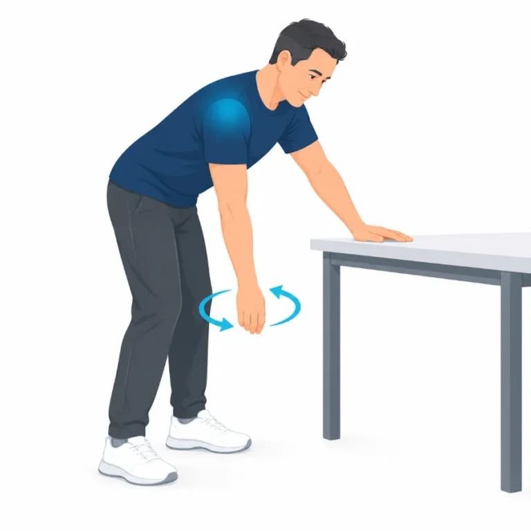 Illustration of a man leaning on a table with his sore arm hanging down and swinging in small circles