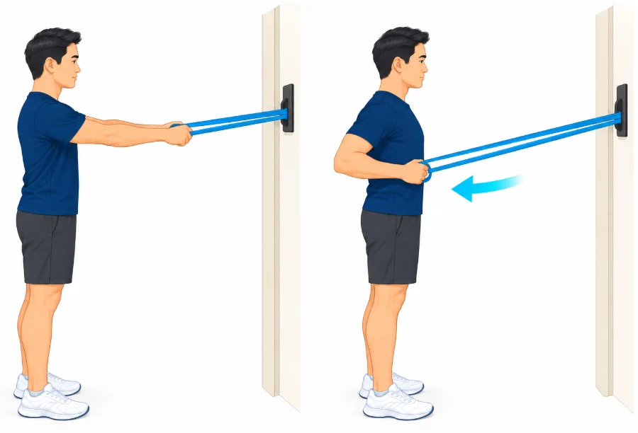 Standing pulling a resistance band back with both elbows close to the sides