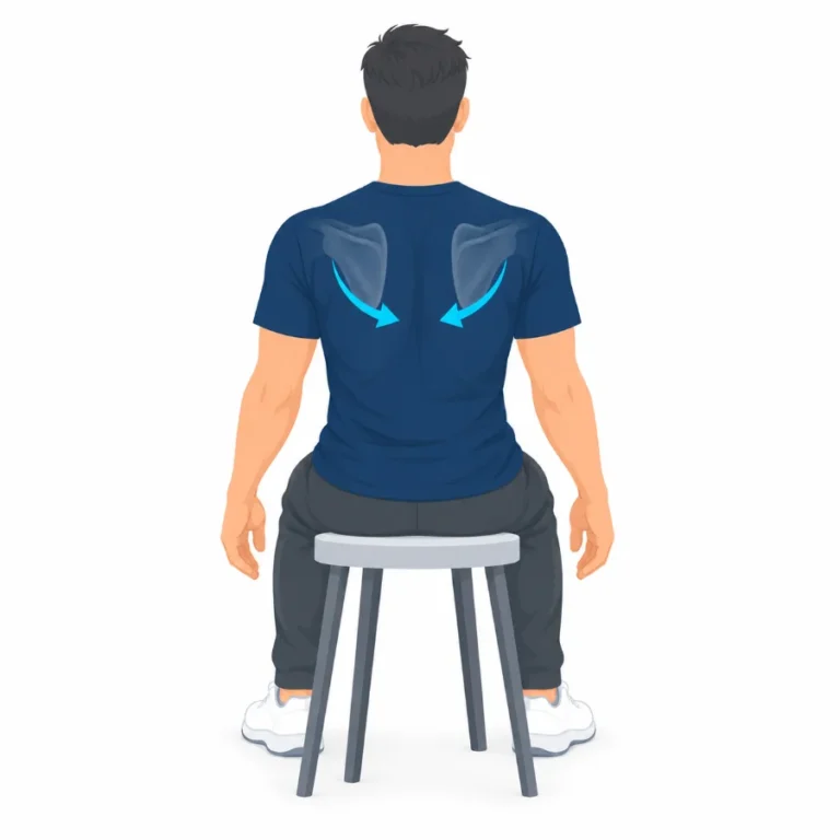 Illustration of a man seen from behind gently squeezing his shoulder blades back and down