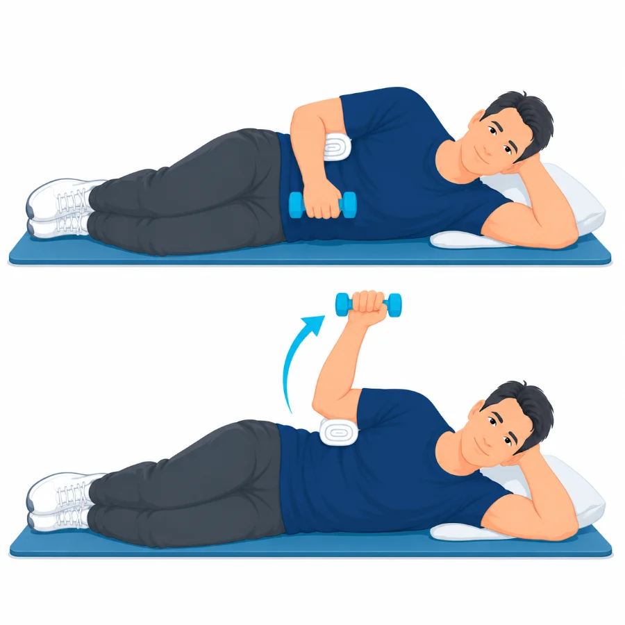 Lying on the side lifting a light weight by turning the forearm upward with the elbow tucked in