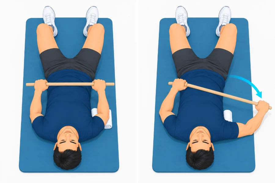 Lying on the back with the elbow tucked in, using a stick to push the sore arm outward