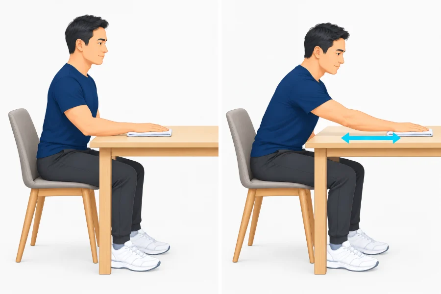 Seated at a table sliding a towel forward with both hands to stretch a stiff shoulder