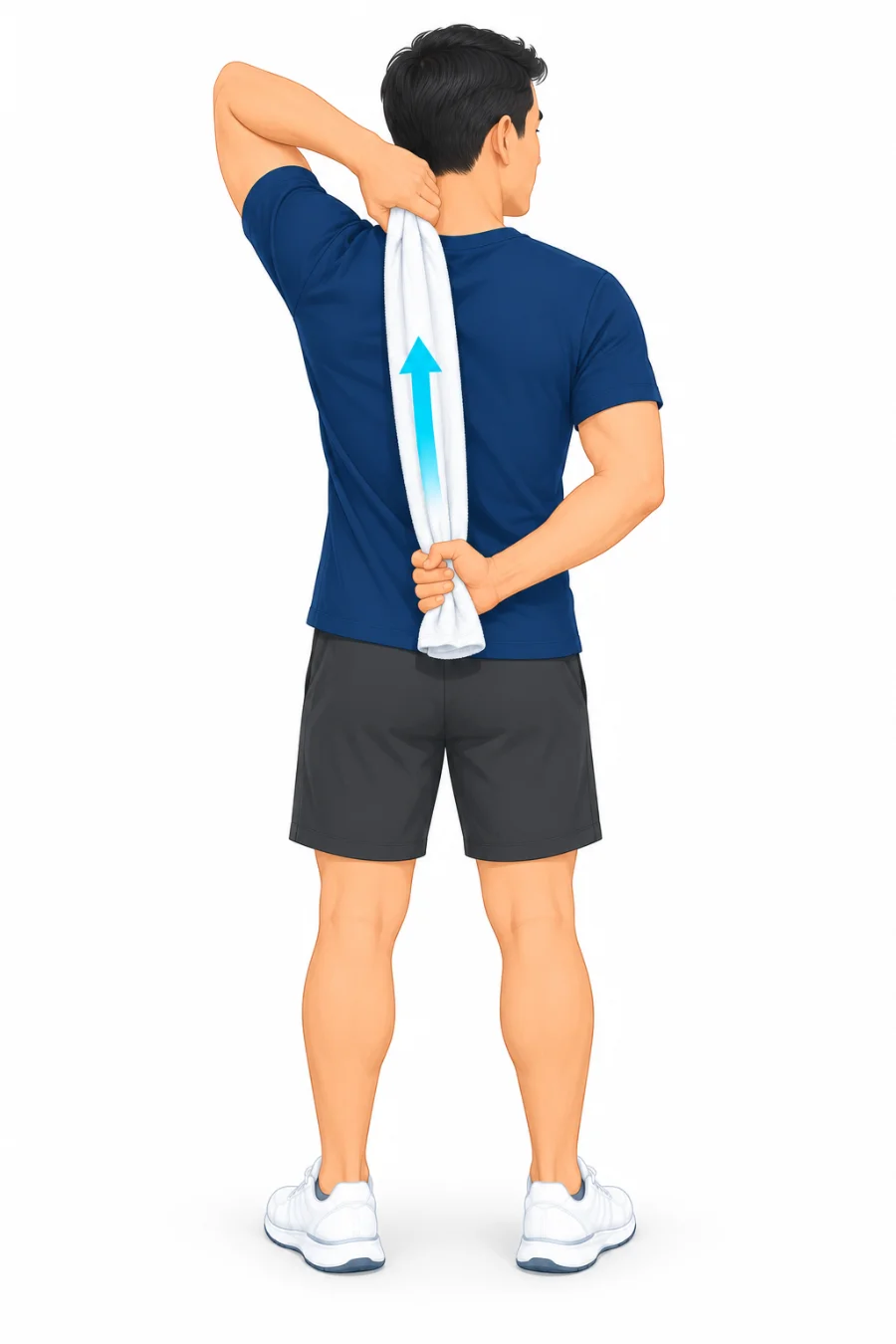 Illustration of a man seen from behind using a towel over his shoulder to gently draw his other hand up his back