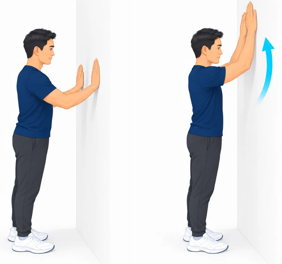 Standing facing a wall sliding both hands up the wall above head height