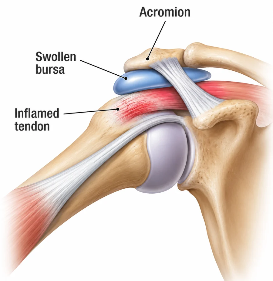 Illustration of shoulder impingement showing a swollen bursa and inflamed tendon beneath the acromion
