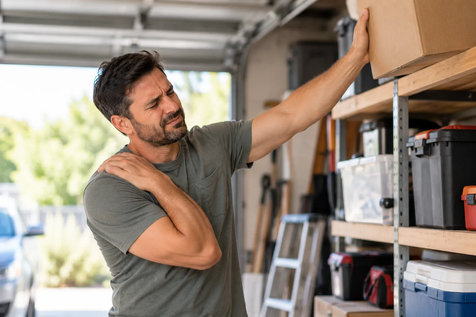 Man reaching up to a high garage shelf while holding his sore shoulder