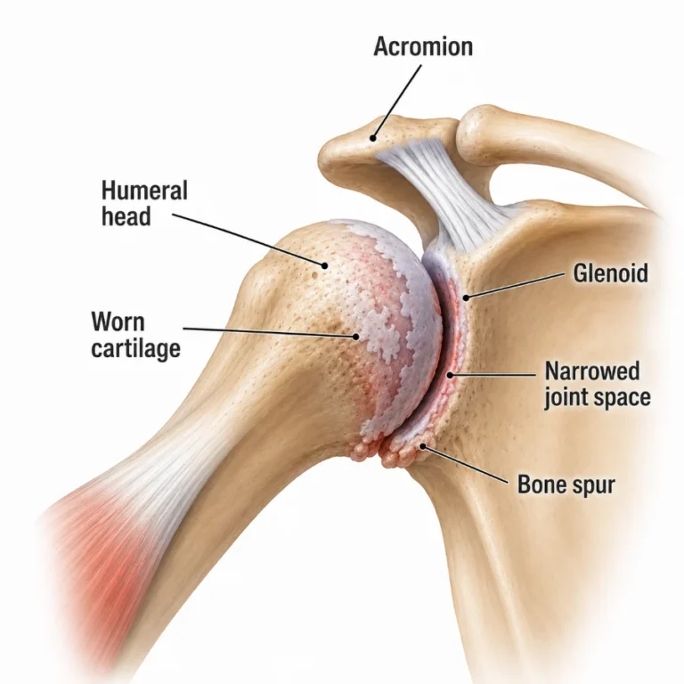 Illustration of shoulder osteoarthritis showing worn cartilage, a narrowed joint space and a bone spur
