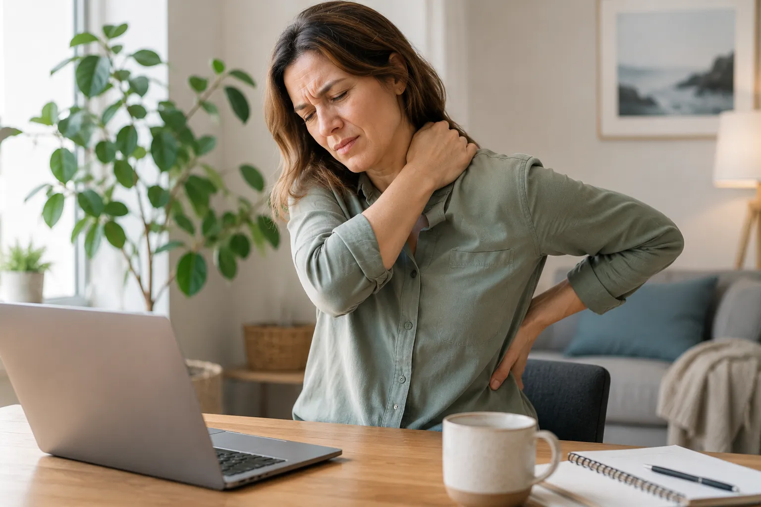 Woman holding her stiff, painful shoulder while working at a desk
