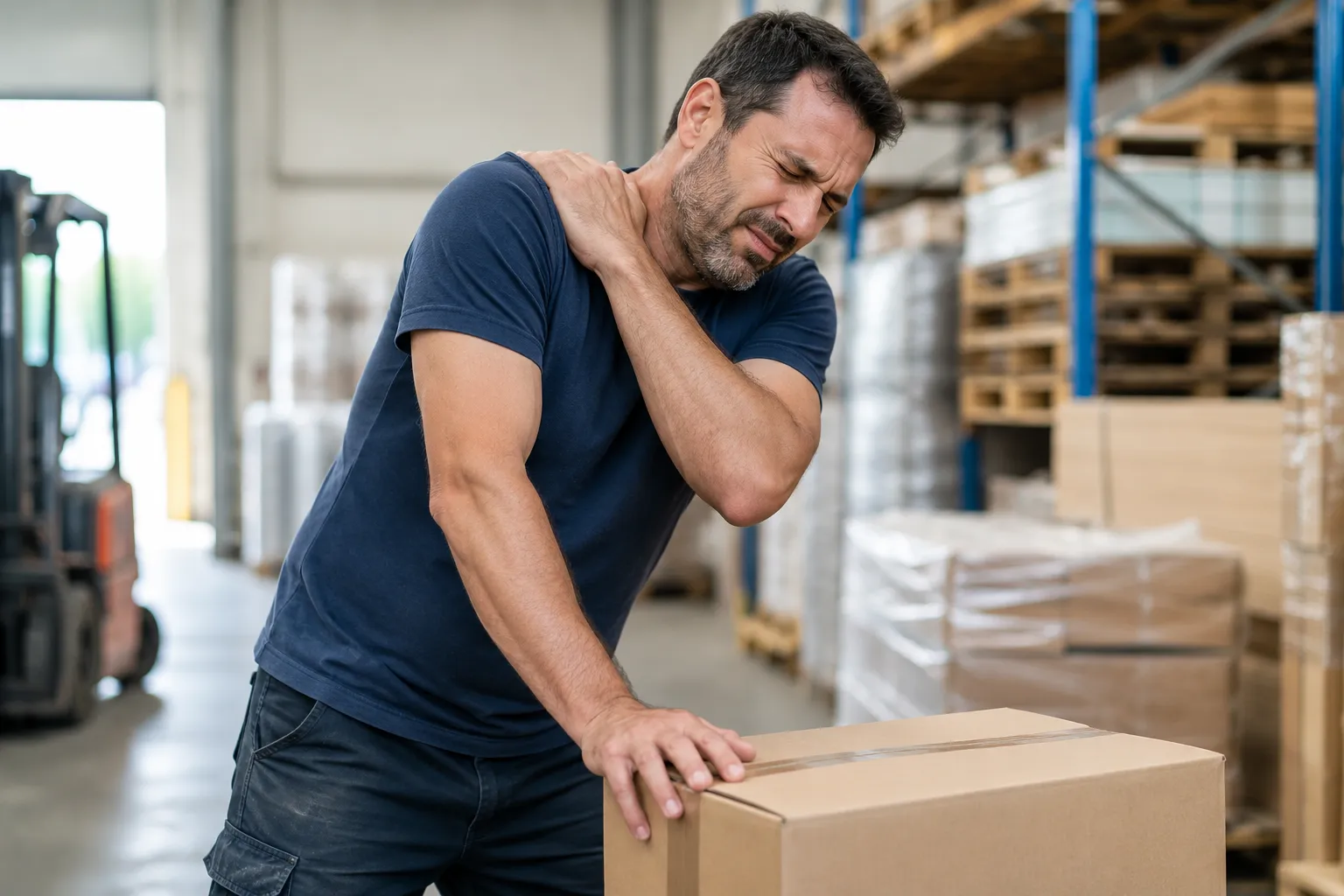 Man holding his sore shoulder while lifting a box at work