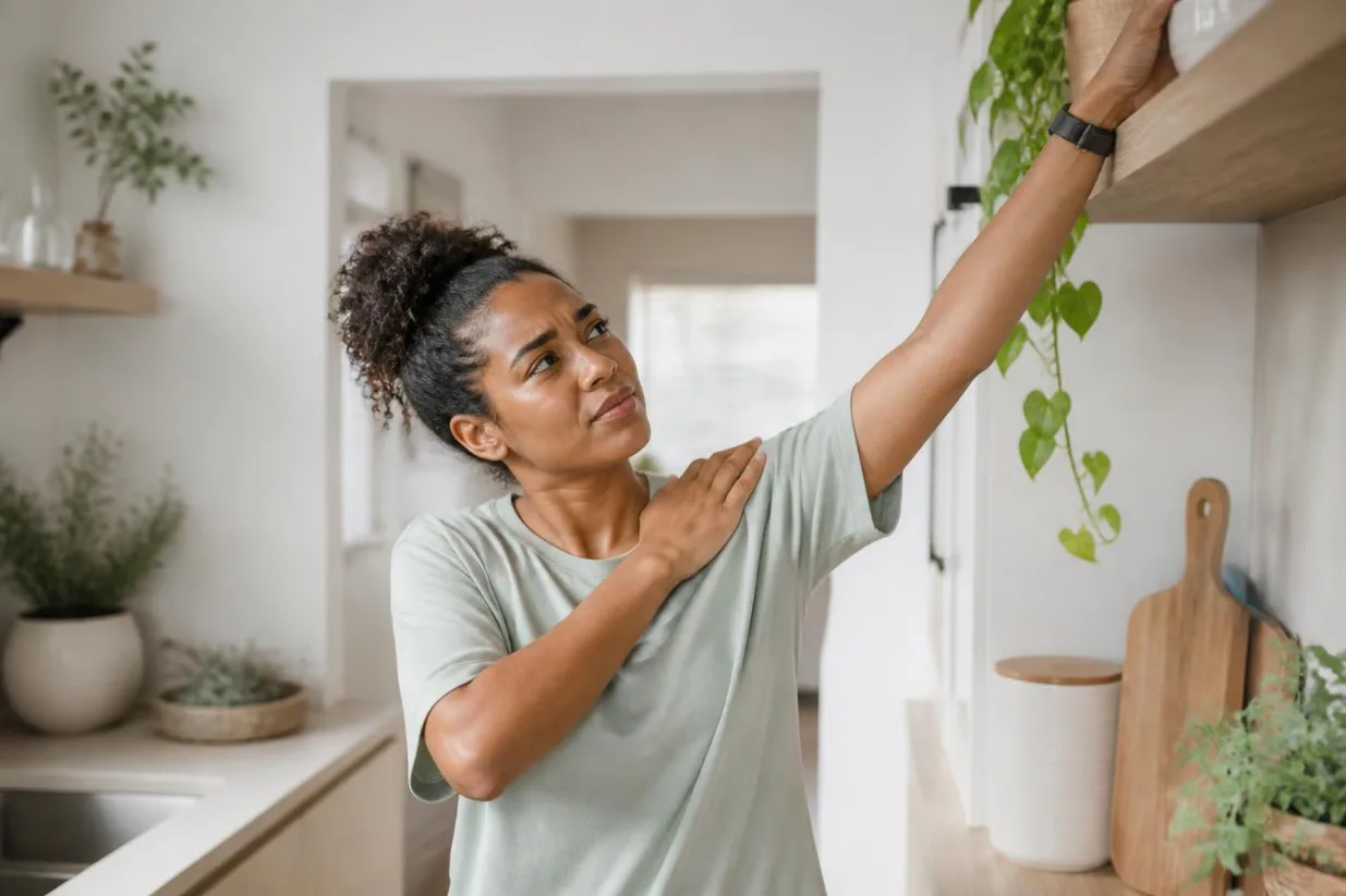 Woman reaching up to a kitchen shelf and holding her sore shoulder