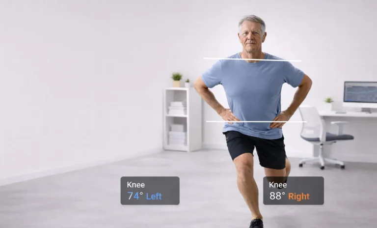 Man doing a lunge during a movement assessment, with knee angles measured on screen